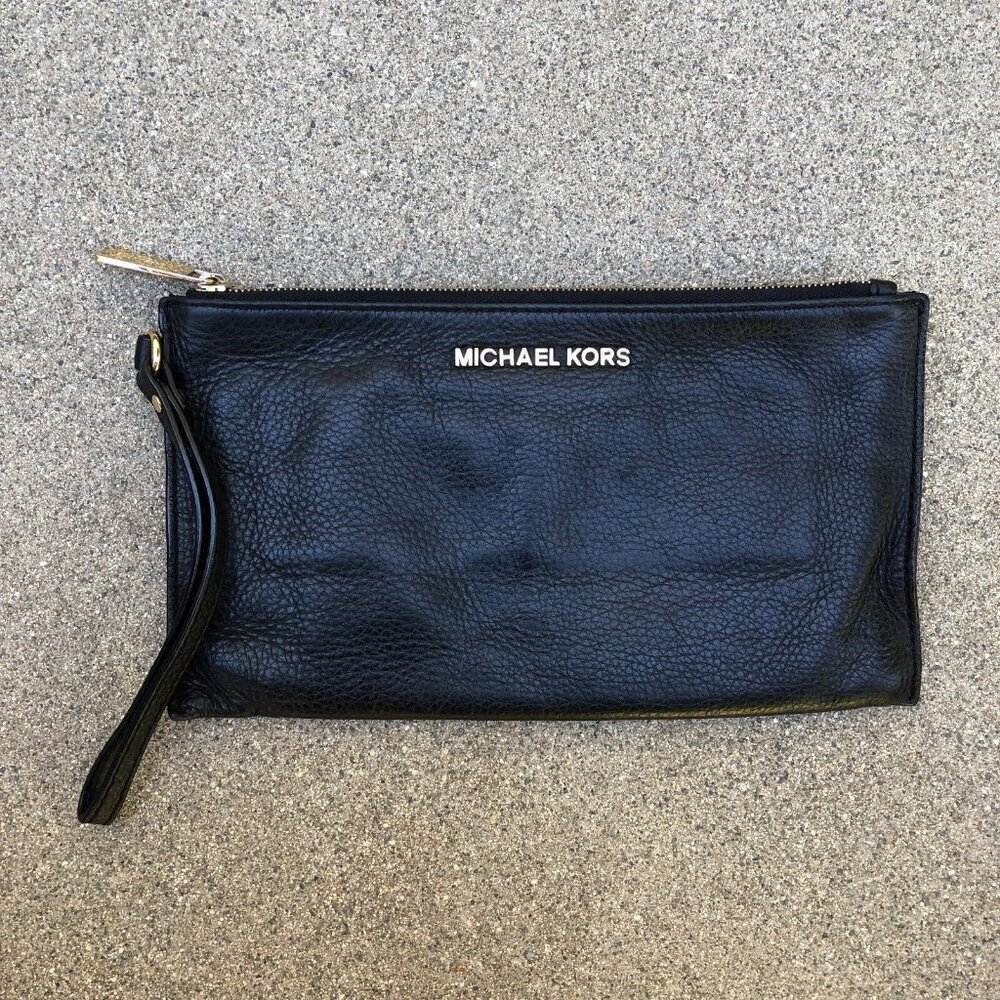 MICHAEL KORS Jet Set Pouch Zipper Wristlet Clutch Purse Black Leather Designer‌
